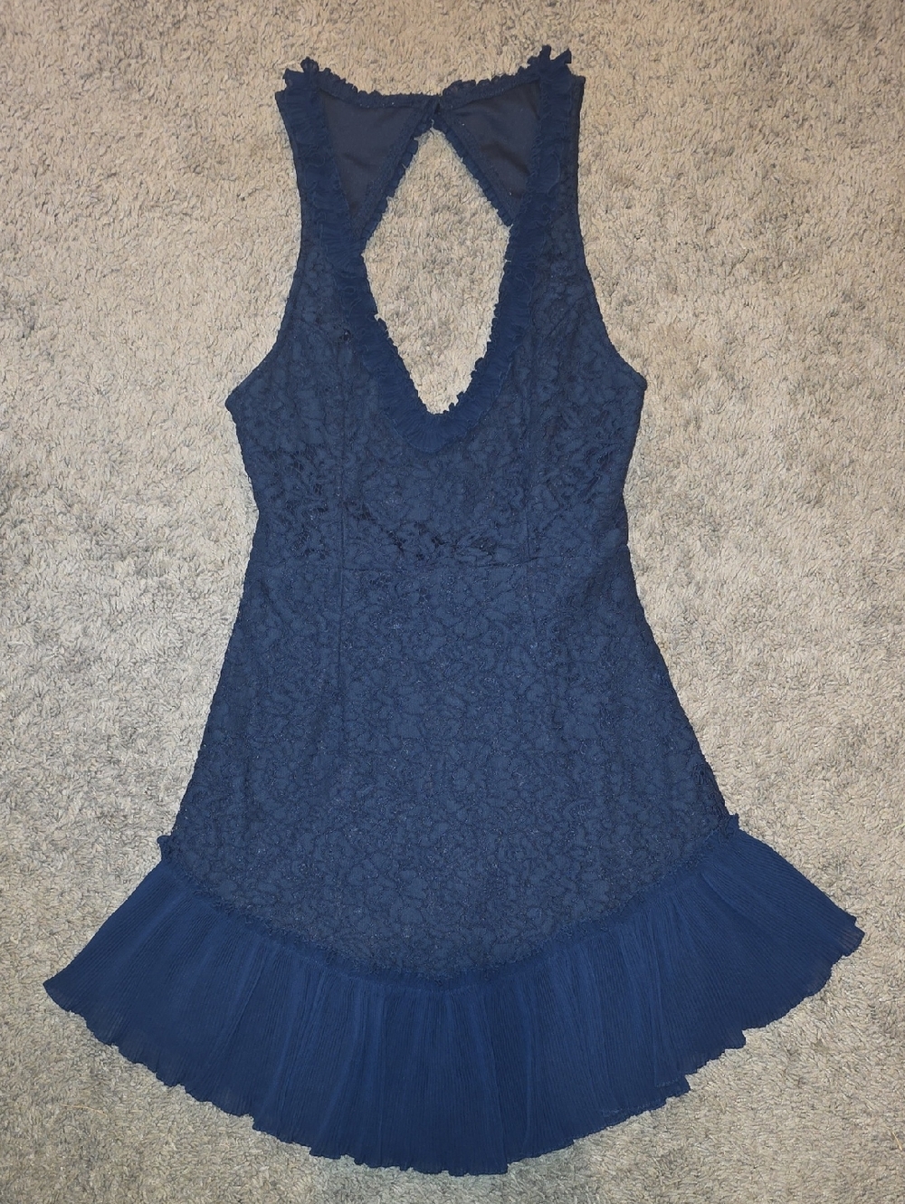 Navy Lace & Mesh Elegant Dress. Open Back